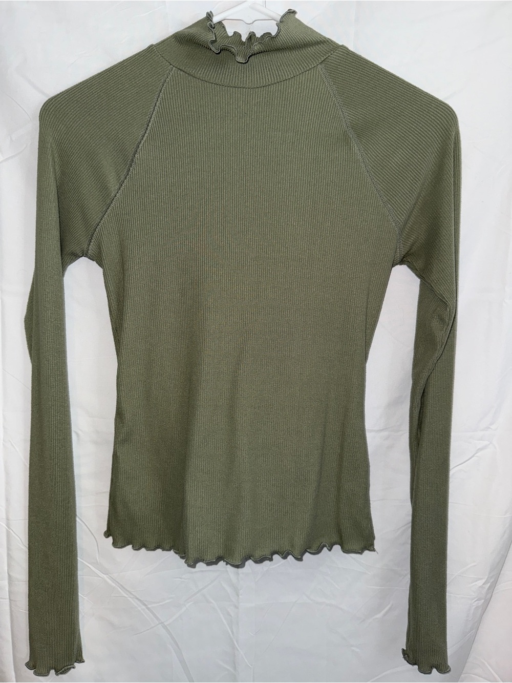 SO Olive Ribbed Lettuce-Edge Mock Neck Long Sleeve Top